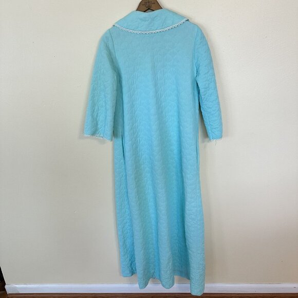 Vtg 1960s Aqua Blue Quilted Full Button Robe Lace Trim Peter Pan Collar Small - Picture 3 of 9